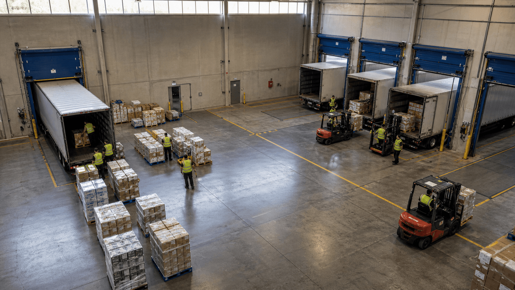Aerial view of a cross-dock distribution center with trucks backed into receiving and shipping docks simultaneously, freight staged on the floor between inbound and outbound lanes