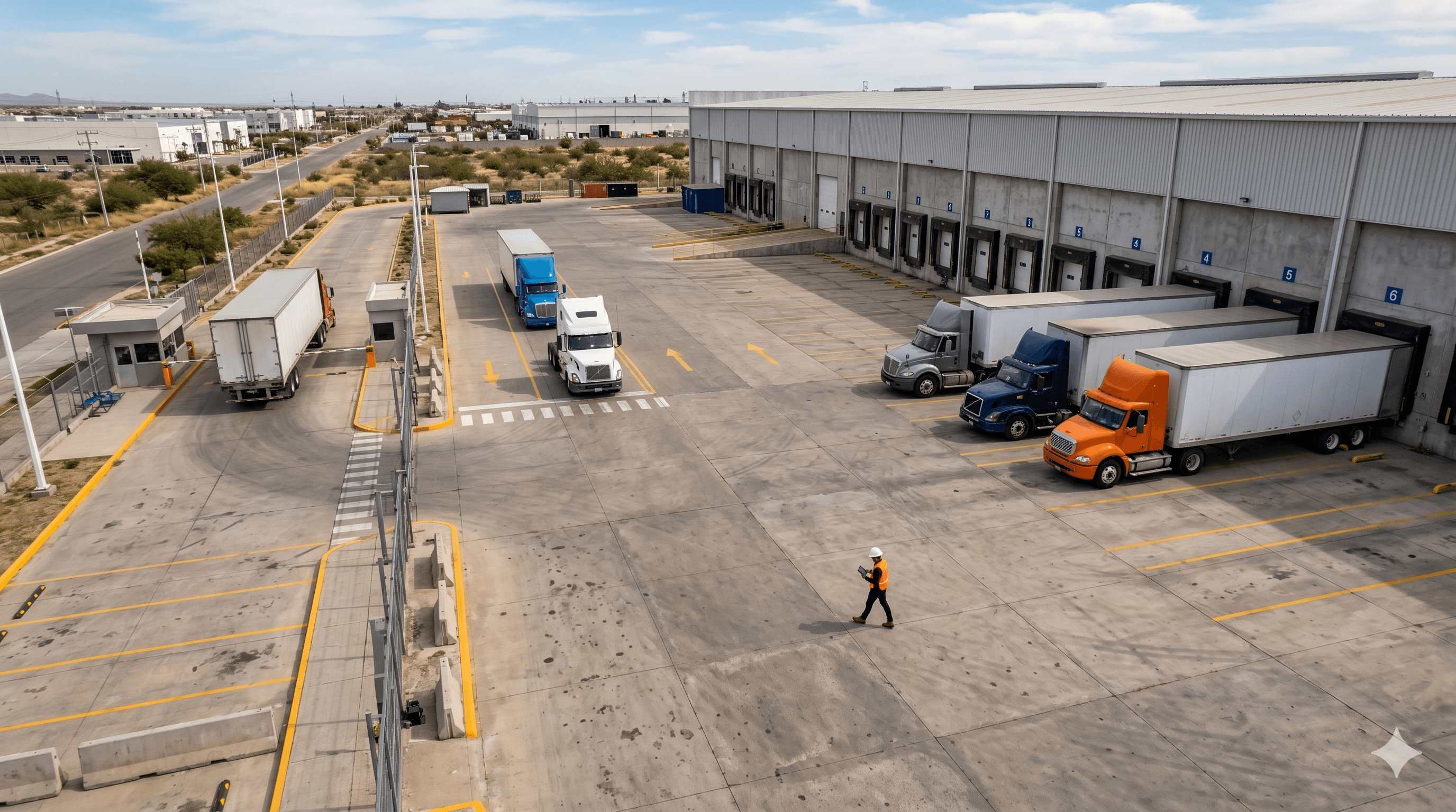 Aerial view of a busy distribution center yard with multiple trucks at dock doors and one truck entering through the gate