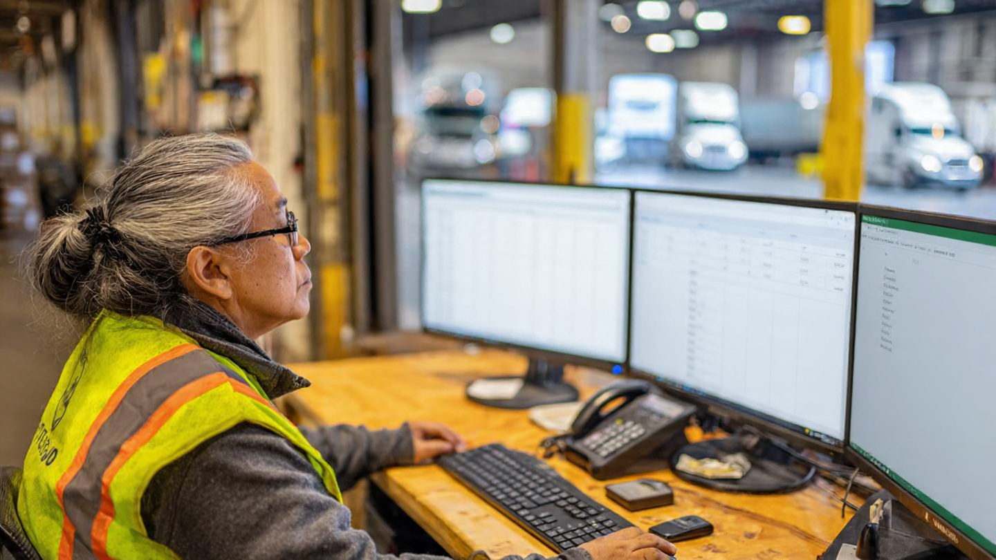 Coordinador en un CEDIS revisando citas de transportistas en pantalla en lugar del teléfono